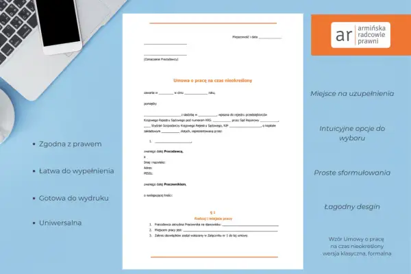 Fragment umowy o pracę na czas nieokreślony z polami do wypełnienia.