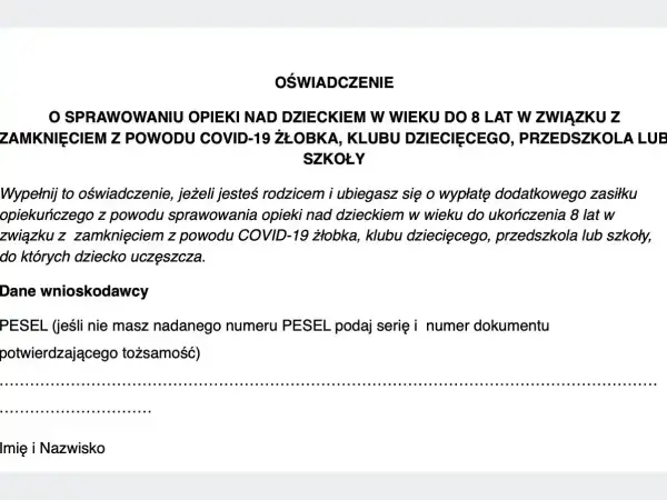 Fragment formularza oświadczenia dotyczącego opieki nad dzieckiem do 8 lat z powodu COVID-19.