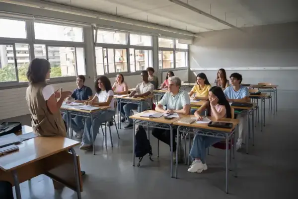 Nauczycielka prowadzi lekcję WDŻ w klasie pełnej uczniów siedzących w ławkach.