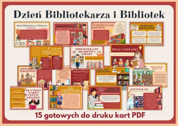 Ilustracja przedstawia kolaż z grafikami i tekstem na temat bibliotek i bibliotekarzy.