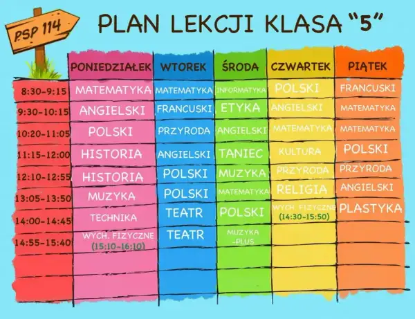 Kolorowy plan lekcji klasy 5 z przedmiotami i godzinami.