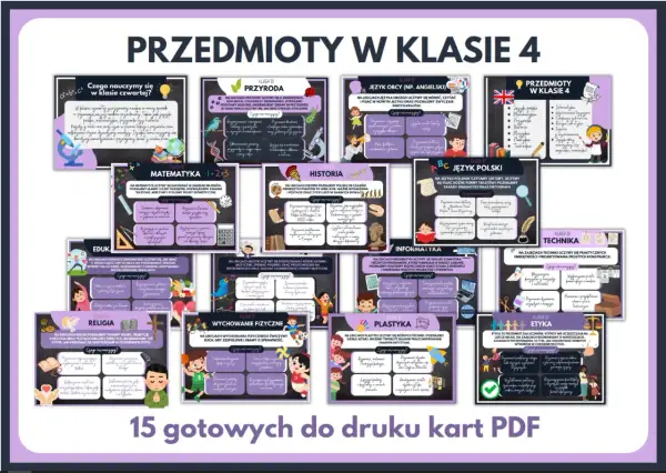 Ilustracja przedstawia kolaż z tablicami informacyjnymi o przedmiotach w 4 klasie.