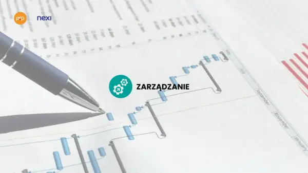 Długopis nad wykresem Gantta z ikoną zarządzania i napisem "ZARZĄDZANIE".