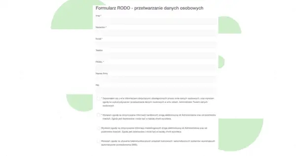 Formularz RODO z polami do wpisania danych osobowych i opcjami zgód.