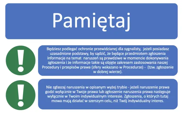 Dwa zielone wykrzykniki obok tekstu "Pamiętaj" i dwa bloki tekstu z informacjami.