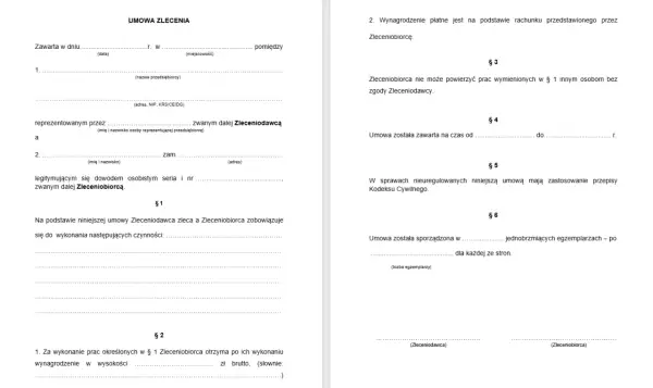 Fragment umowy zlecenia z polami do wypełnienia, dotyczący zasad i wynagrodzenia.