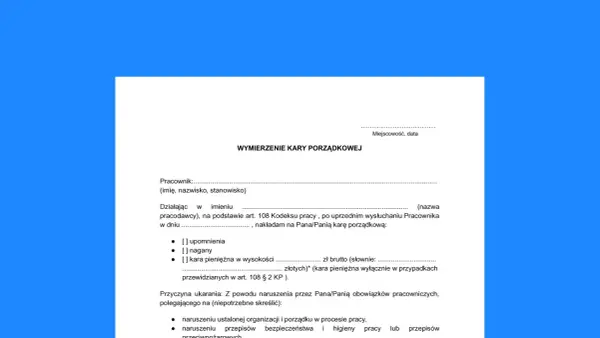 Dokumentacja pracownicza: wymierzenie kary porządkowej pracownikowi. Formularz zawiera dane pracownika, rodzaj kary (upomnienie, nagana, kara pieniężna) i przyczynę ukarania.