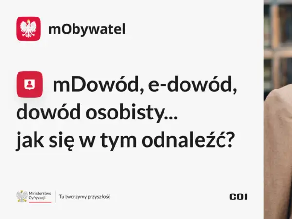 Grafika z logo mObywatel i tekstem: mDowód, e-dowód, dowód osobisty... jak się w tym odnaleźć?