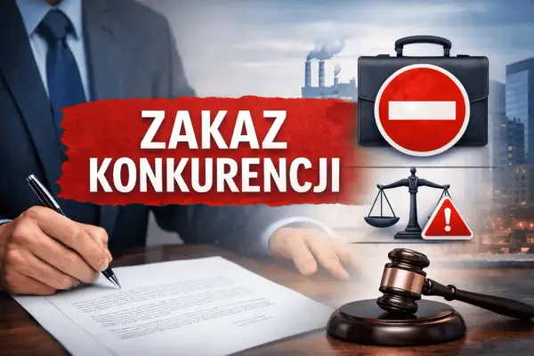 Dłoń pisząca na dokumencie, symbole zakazu, wagi sprawiedliwości i młotek sędziowski.