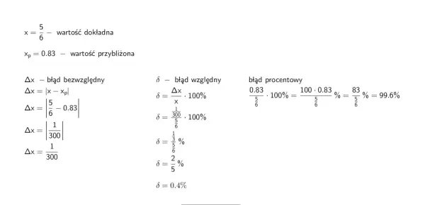 Obliczenia błędu procentowego dla wartości 5/6 i przybliżenia 0.83. Wynik to 99.6%.