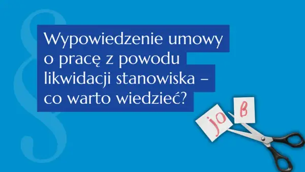 Nożyczki przecinające kartkę z napisem "job" na tle niebieskim z symbolem paragrafu.