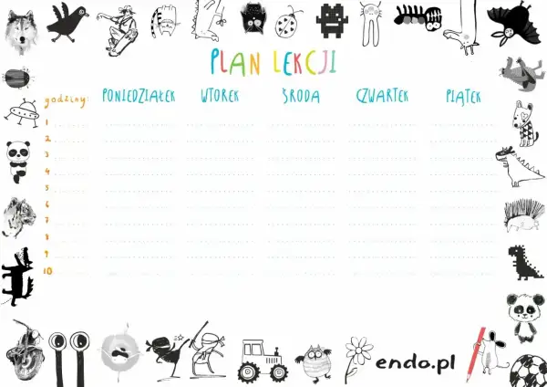 Ilustracja planu lekcji z zabawnymi zwierzętami i ikonami.