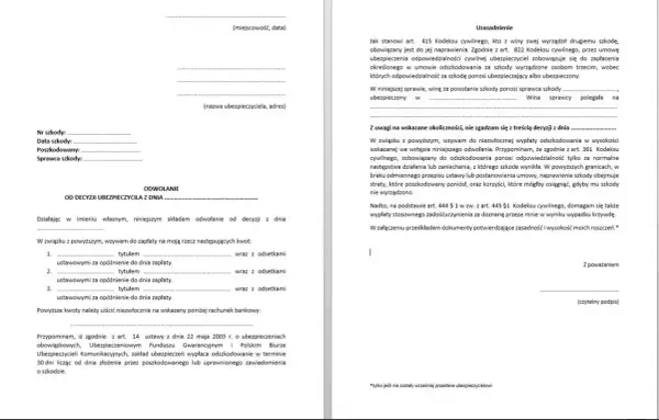 Fragment dokumentu z polami do wypełnienia, dotyczący odwołania od decyzji ubezpieczyciela.