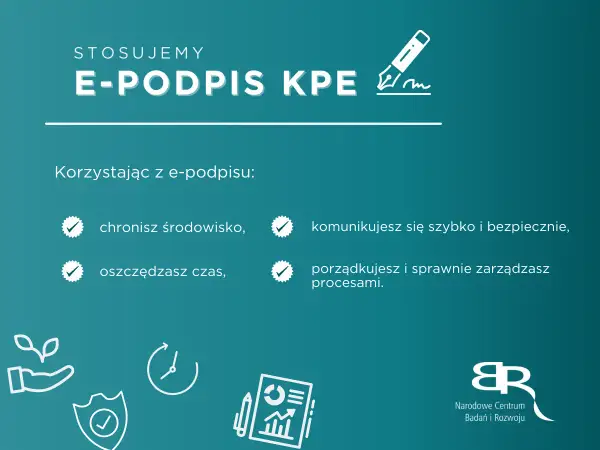 Grafika z tekstem "E-PODPIS KPE" i ikonami symbolizującymi korzyści z jego używania.