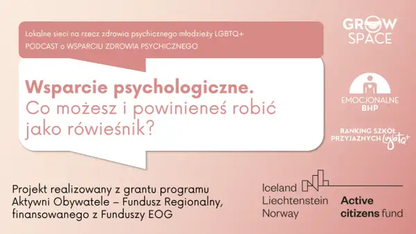 Grafika z dymkiem dialogowym zawierającym tekst o wsparciu psychologicznym dla młodzieży.