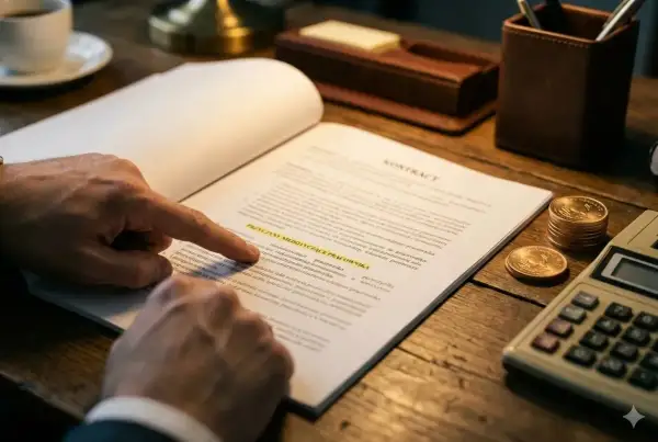Dłoń wskazuje na dokument "wypowiedzenie za porozumieniem stron". Obok leży kalkulator i monety.