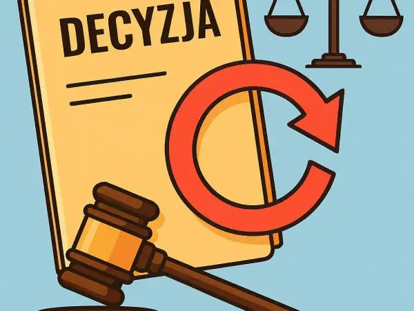Ilustracja dokumentu z napisem "DECYZJA", młotka sędziowskiego, wagi i czerwonej strzałki w kształcie koła.