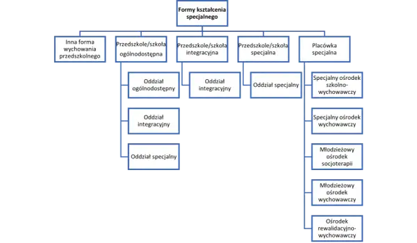 Schemat przedstawia formy kształcenia specjalnego, w tym placówki dla różnych grup niepełnosprawności, np. ośrodki szkolno-wychowawcze.