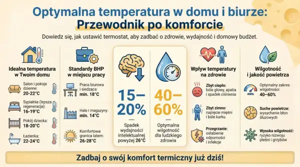 W pomieszczeniu biurowym temperatura powietrza nie może być niższa niż 18°C, by zapewnić komfort i wydajność.
