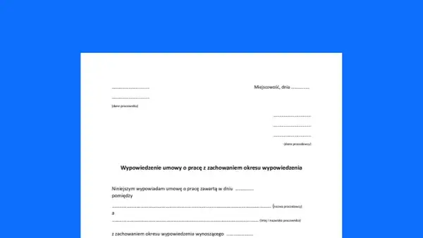 Fragment dokumentu wypowiedzenia umowy o pracę z polami do wypełnienia.