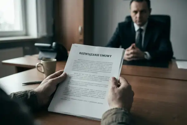 Mężczyzna trzyma dokument "Rozwiązanie umowy". W tle siedzi przełożony, czekając na decyzję.