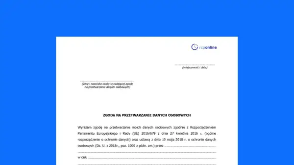 Formularz zgody na przetwarzanie danych osobowych z logo "rcponline".