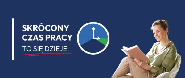 Skrócony czas pracy to szansa na więcej wolnego. Uśmiechnięta kobieta czyta książkę, podczas gdy zegar symbolizuje krótszy dzień pracy.