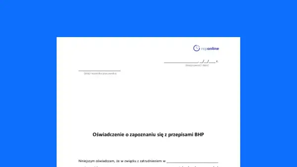 Oświadczenie pracownika o zapoznaniu się z przepisami BHP. Dokument zawiera pola na imię, nazwisko, miejscowość i datę.