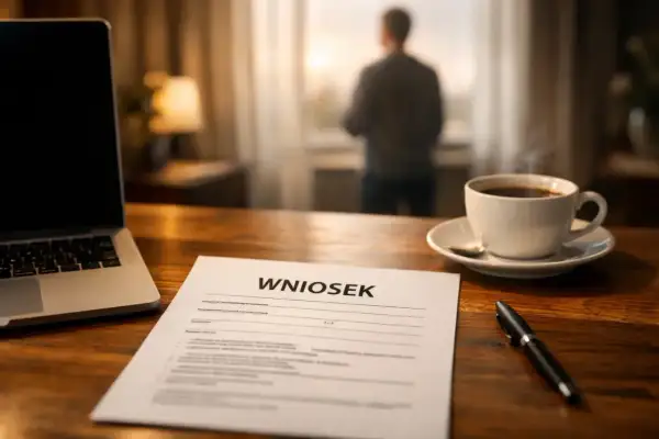 Na biurku leży wniosek, obok laptop i filiżanka kawy. Mężczyzna stoi przy oknie, rozważając pracę zdalną okazjonalną.