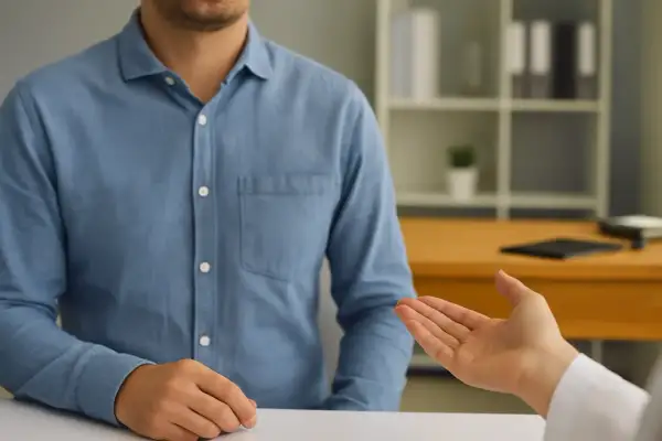 Dwie osoby przy stole, jedna mówi, druga słucha.