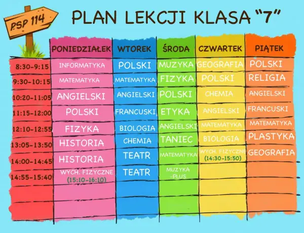 Kolorowy plan lekcji dla klasy 7 z podziałem na dni tygodnia i godziny.